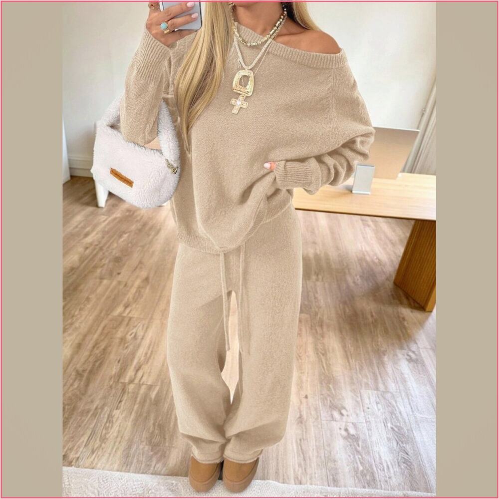 Apricot Casual Women's Raglan Sleeve Loose Knit Sweater Wide Leg Knit Pants Set